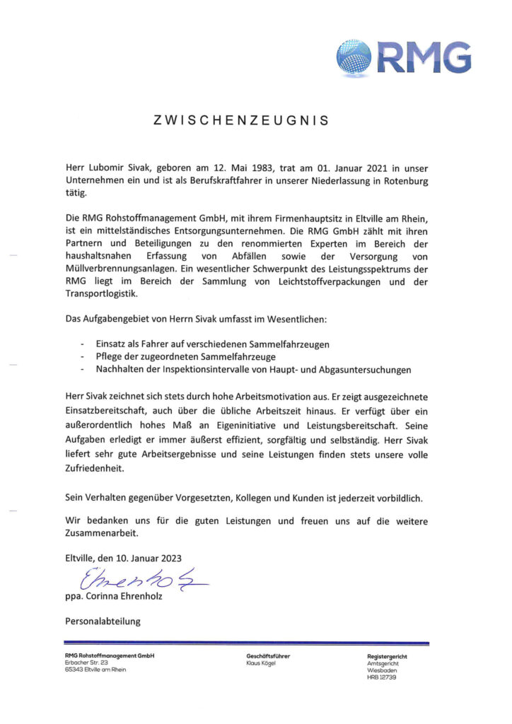 Qualifiziertes Arbeitszeugnis von Lubomir Sivak bei RMG Rohstoffmanagement