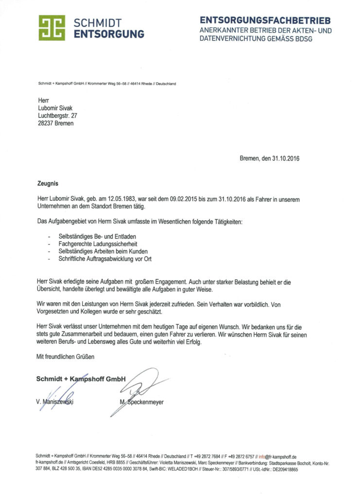 Arbeitszeugnis von Schmidt + Kampshoff GmbH für Lubomir Sivak