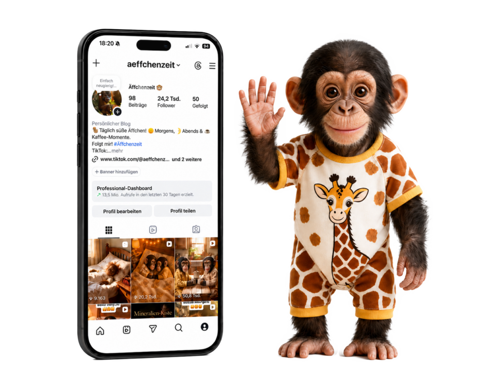 Äffchenzeit Social-Media-Projekt von Lubomir Sivak mit Instagram-Profil, Content-Erstellung, Video-Produktion und Community-Aufbau