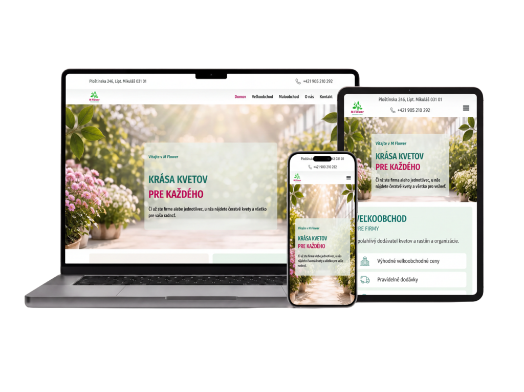 Responsive Unternehmenswebsite von M Flower auf Laptop, Tablet und Smartphone