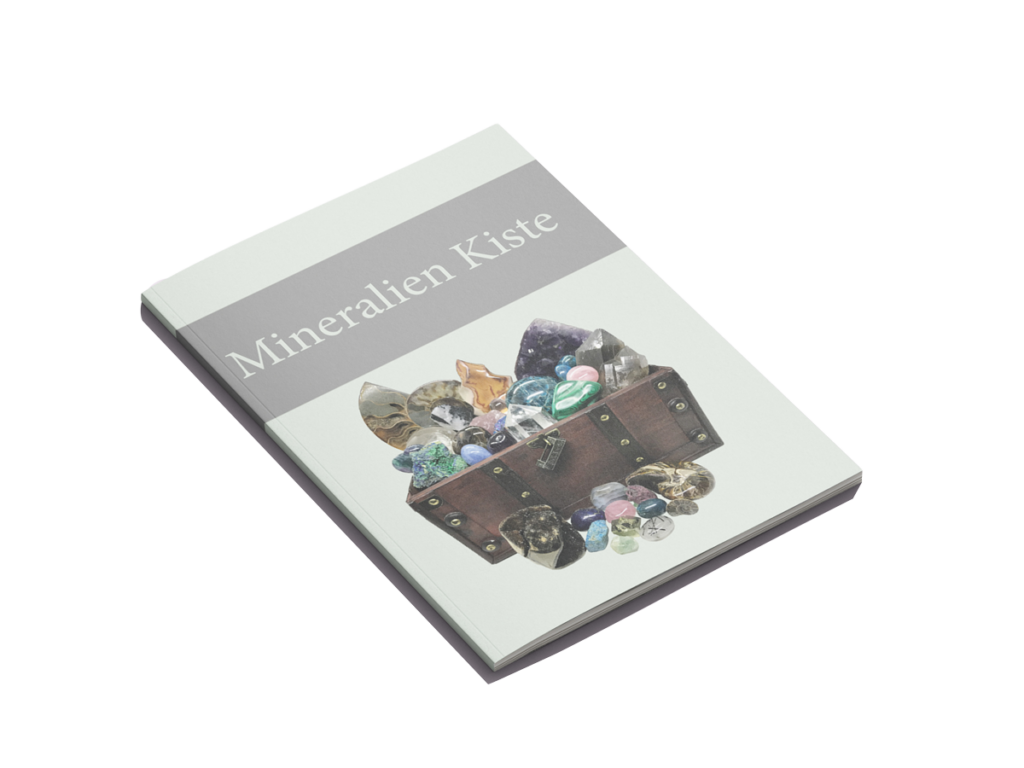 Titelseite der Broschüre Mineralien Kiste mit einer Schatztruhe voller Edelsteine und Mineralien