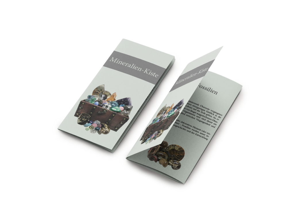Faltblatt Mineralien-Kiste mit Titelseite und Schatztruhe voller Edelsteine, daneben ein aufgeklapptes Innenfeld zu Fossilien