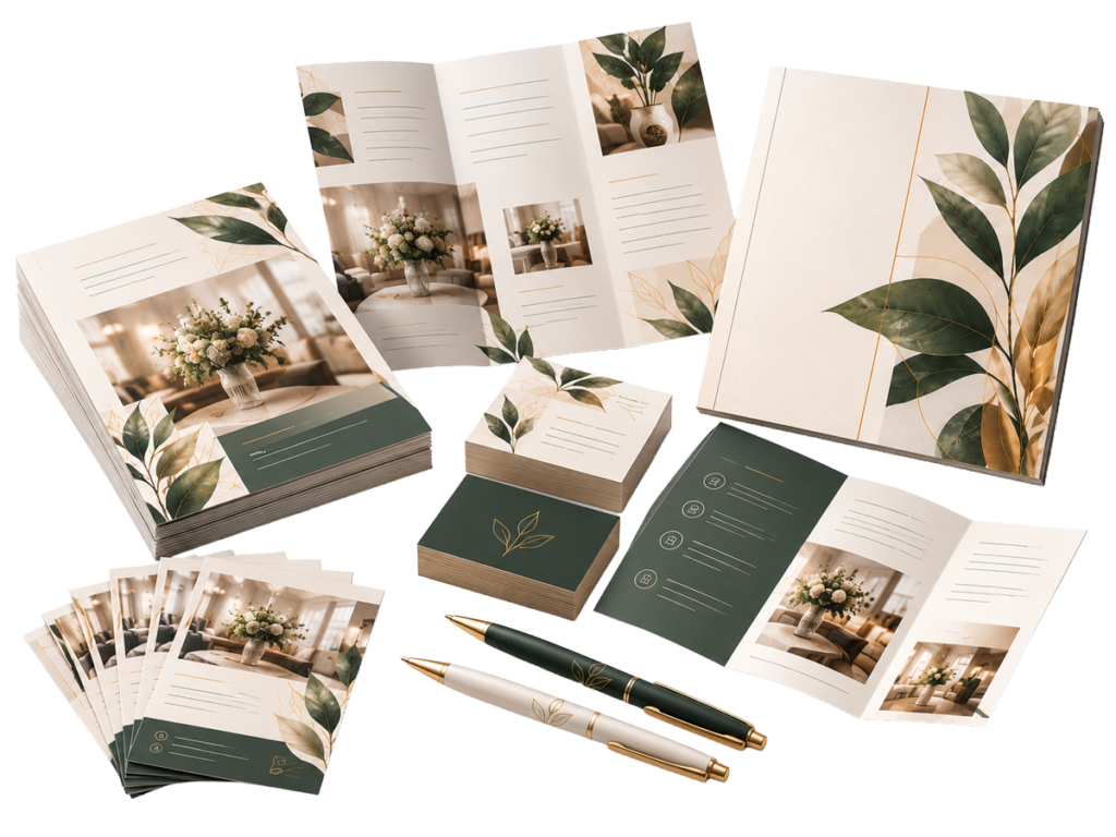 Printdesign mit Broschüre, Faltflyer, Visitenkarten und Flyern in Grün und Gold, gestaltet in Worpswede