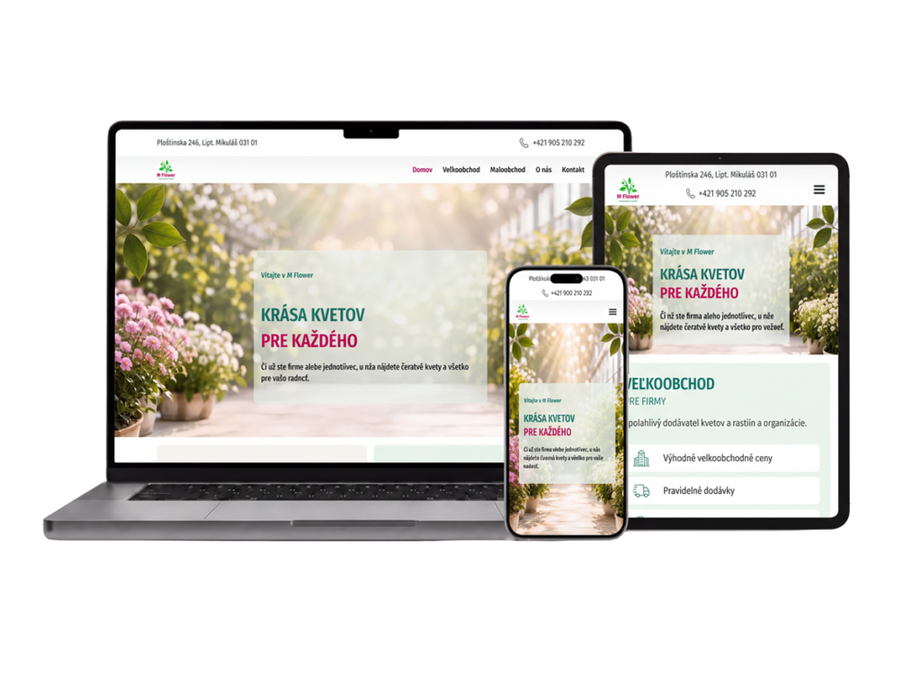 Website des Blumenhandels M Flower auf Laptop, Tablet und Smartphone, Referenzprojekt für Webdesign aus der Slowakei