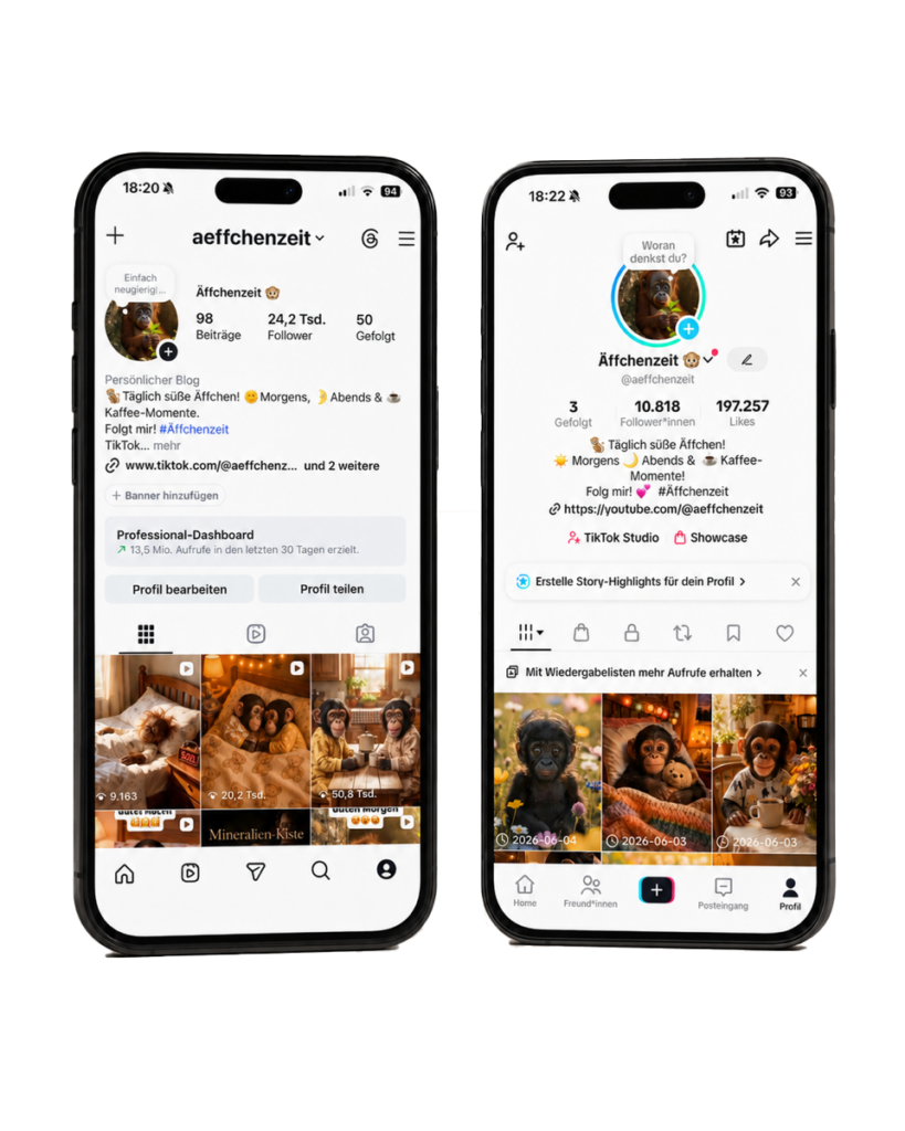 Instagram- und TikTok-Profil Äffchenzeit auf zwei Smartphones, Beispiel für Social-Media-Content mit Reels und KI-Bildern