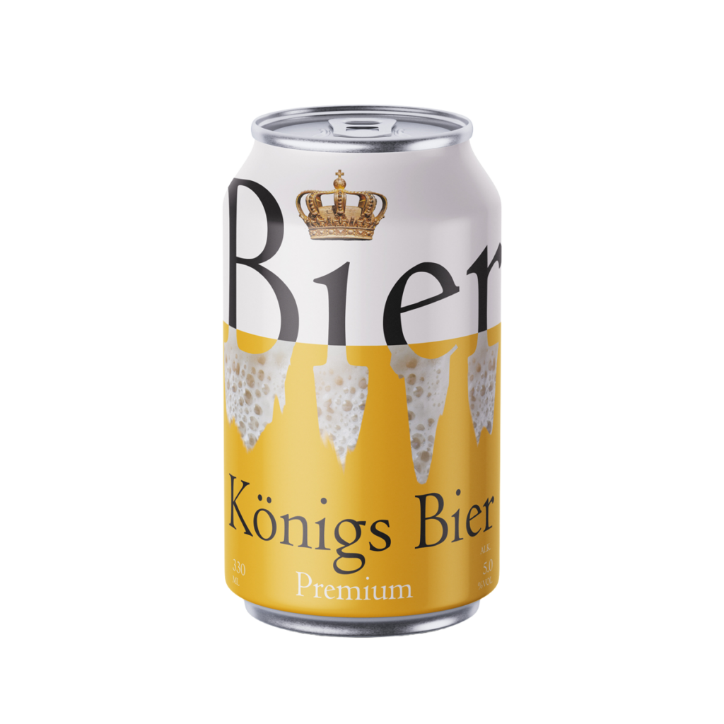 Konzeptentwurf der Bierdose Königs Bier Premium mit goldener Krone, leicht von oben mit sichtbarem Dosendeckel