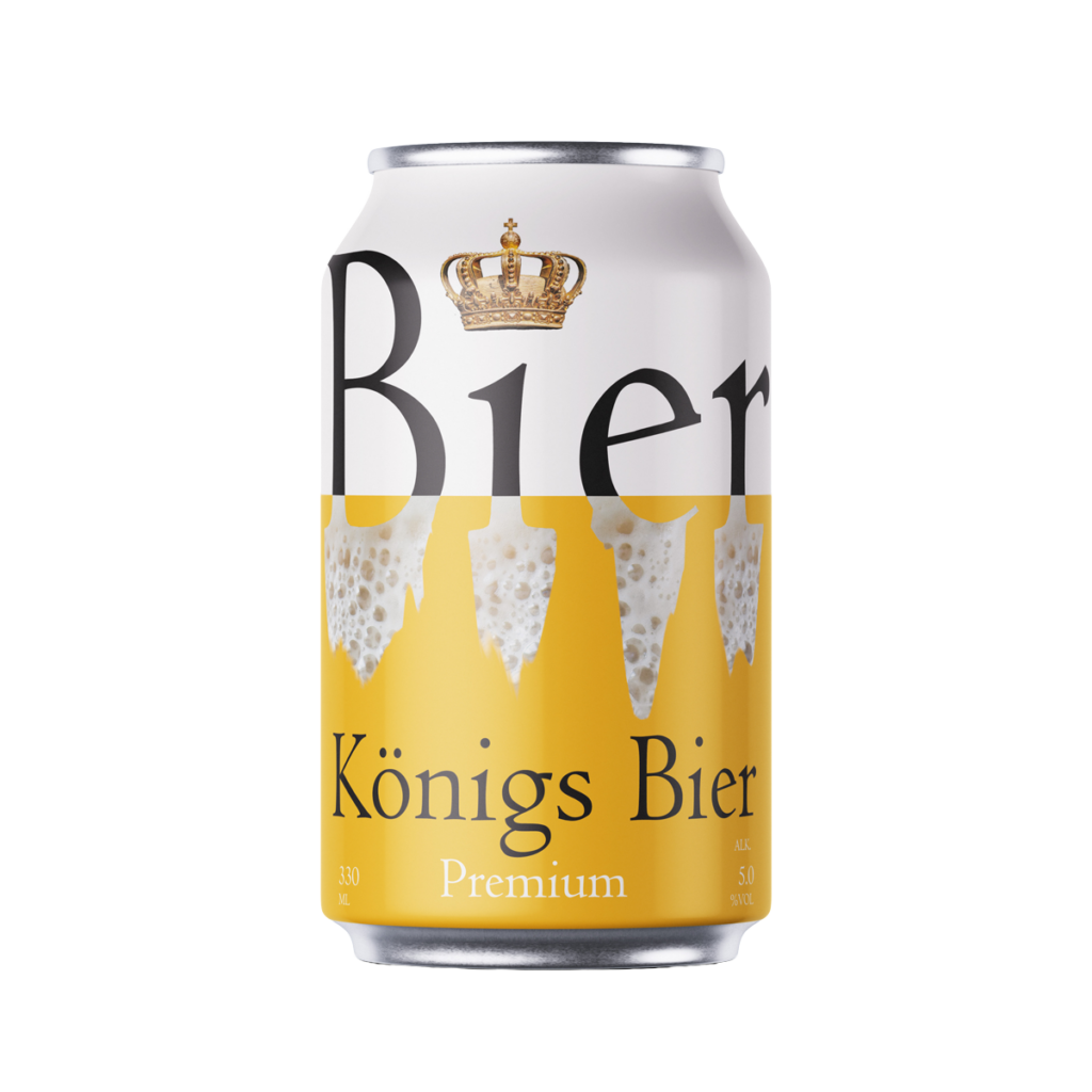 Konzeptentwurf einer Bierdose Königs Bier Premium in Gold und Weiß mit Krone und großer Schrift, Frontansicht
