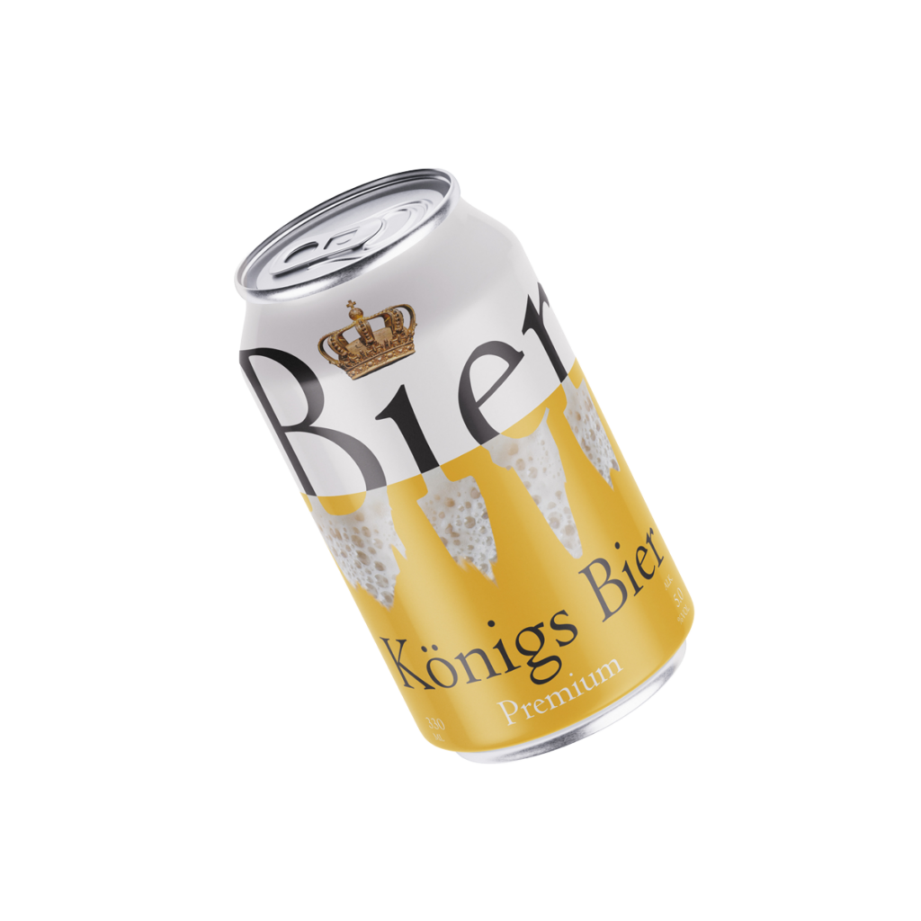 Konzeptentwurf der Bierdose Königs Bier Premium schräg im Raum, Schriftzug und Krone in Gold und Weiß