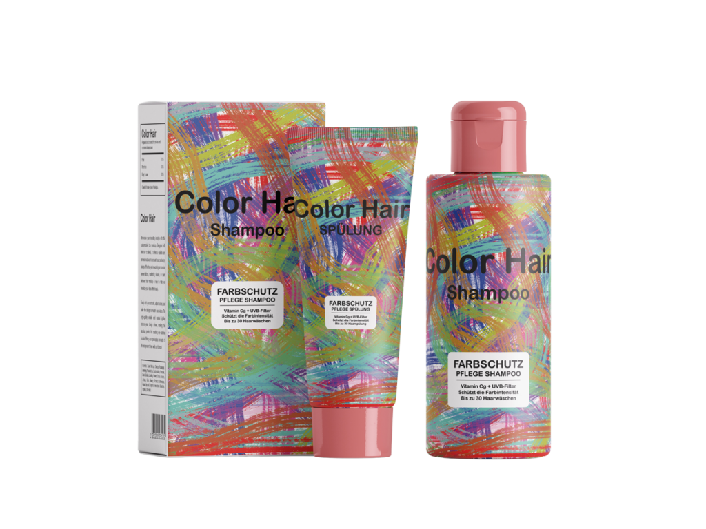Produktserie Color Hair mit Faltschachtel, Spülungstube und Shampooflasche im einheitlichen bunten Design, Konzeptentwurf