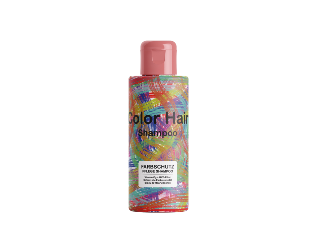 Konzeptentwurf einer Shampooflasche Color Hair mit buntem, gemaltem Muster und Etikett Farbschutz Pflege Shampoo