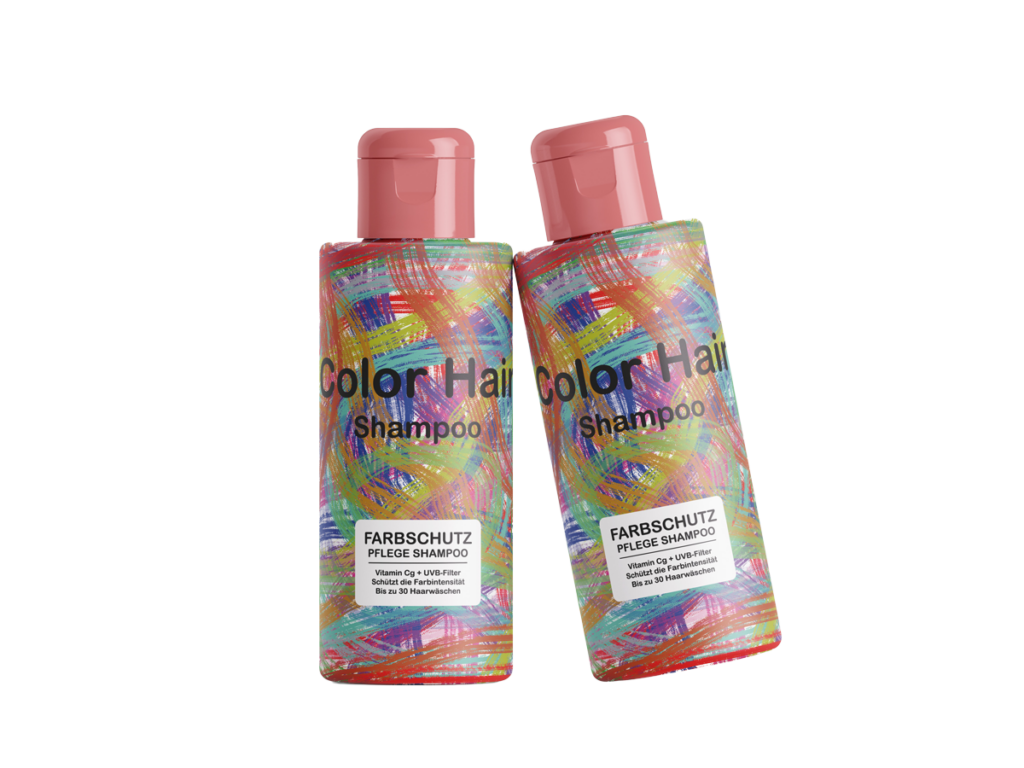 Zwei Shampooflaschen Color Hair mit buntem Muster, eine stehend und eine schräg, Konzeptentwurf für Verpackungsdesign