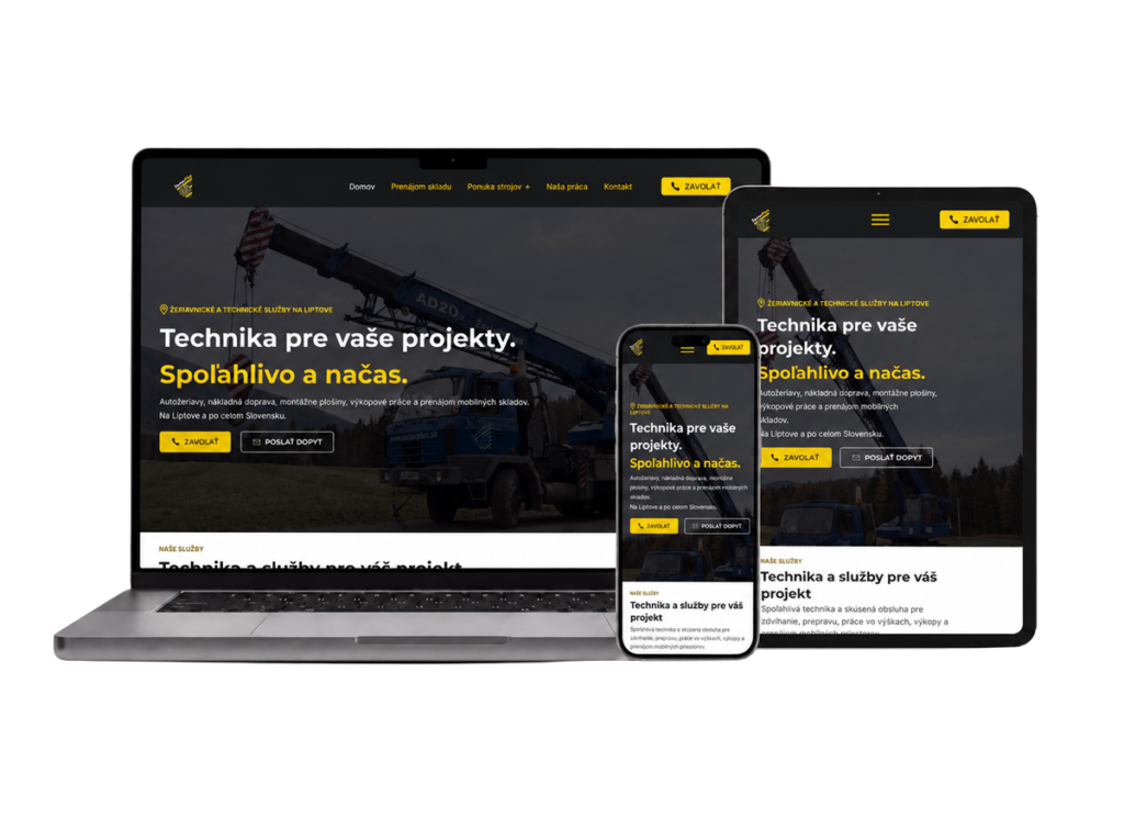 Website von ŽeriavPlus für Kranverleih und Baumaschinen auf Laptop, Tablet und Smartphone, Webdesign mit WordPress