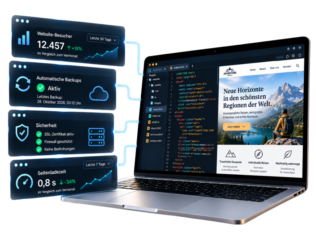 Laptop mit Website und Übersicht zu Besucherzahlen, automatischen Backups, Sicherheit und Ladezeit, Symbolbild für WordPress-Webservice